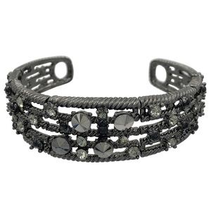 Hematite Grey Gun Metal Black Rhinestone Lines Memory Wire Fancy Cuff Bracelet